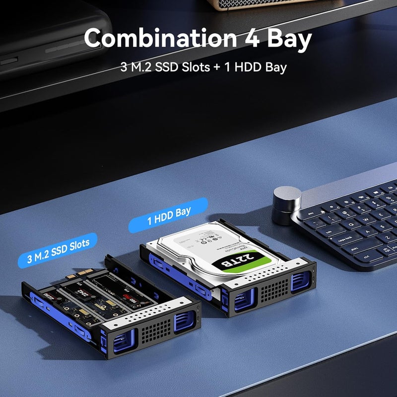 cenmate Hybrid 2.5/3.5" SATA HDD/SSD+3* M / B+M Key M.2 NVMe Enclosure with Cooling Fan and USB A/C 3.2 Gen 2 (10Gbps), Hard Drive Enclosure Support 46TB(22TB HDD+3*8TB 2230/2242/2260/2280/22110 SSDs) - Image 4